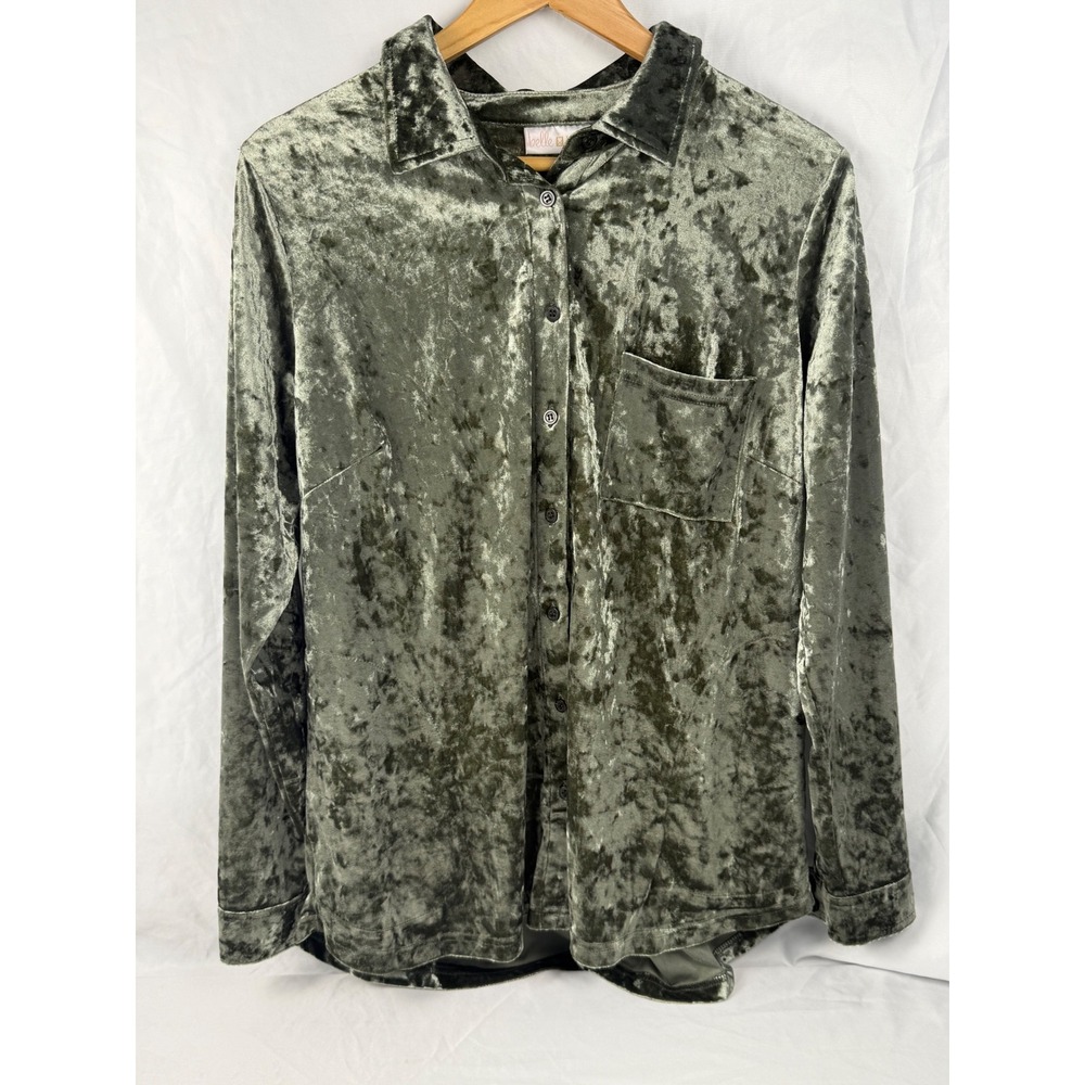 Kim Gravel Belle Women Olive Green Crushed Velvet Button Down Shirt M